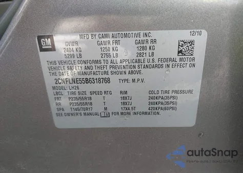 2011 Chevrolet Equinox 2Lt из США, поврежденный, VIN 2CNFLNE55B6318768